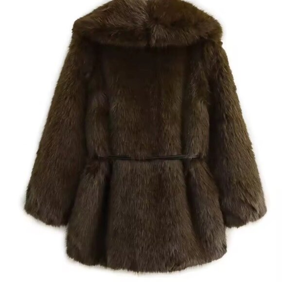 Women's Faux Fur Coat belted shaggy coat- chocolate Brown - Picture 7 of 10